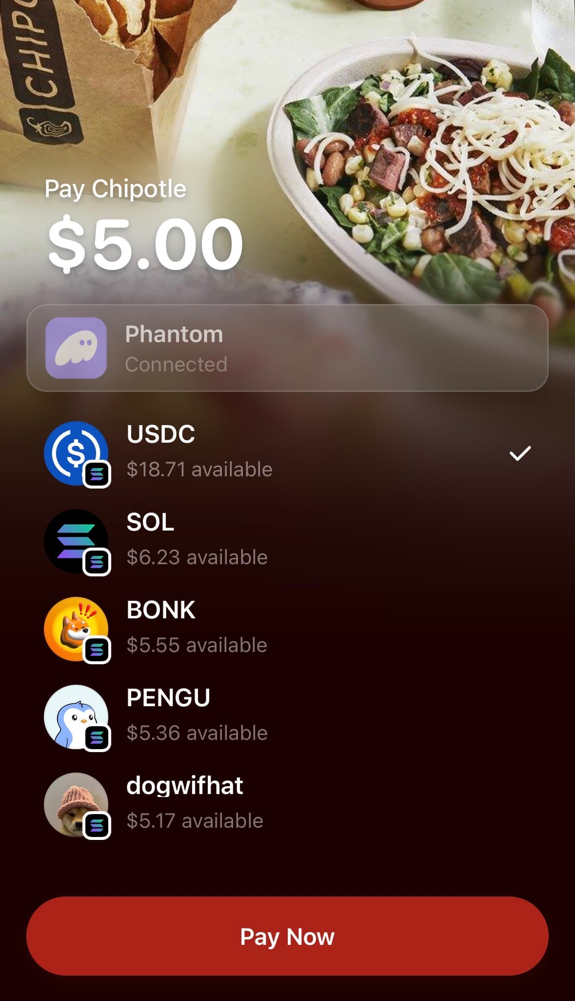 Flexa web app payment page in Phantom showing a $5.00 Chipotle payment with USDC, SOL, BONK, PENGU, and WIF available to spend